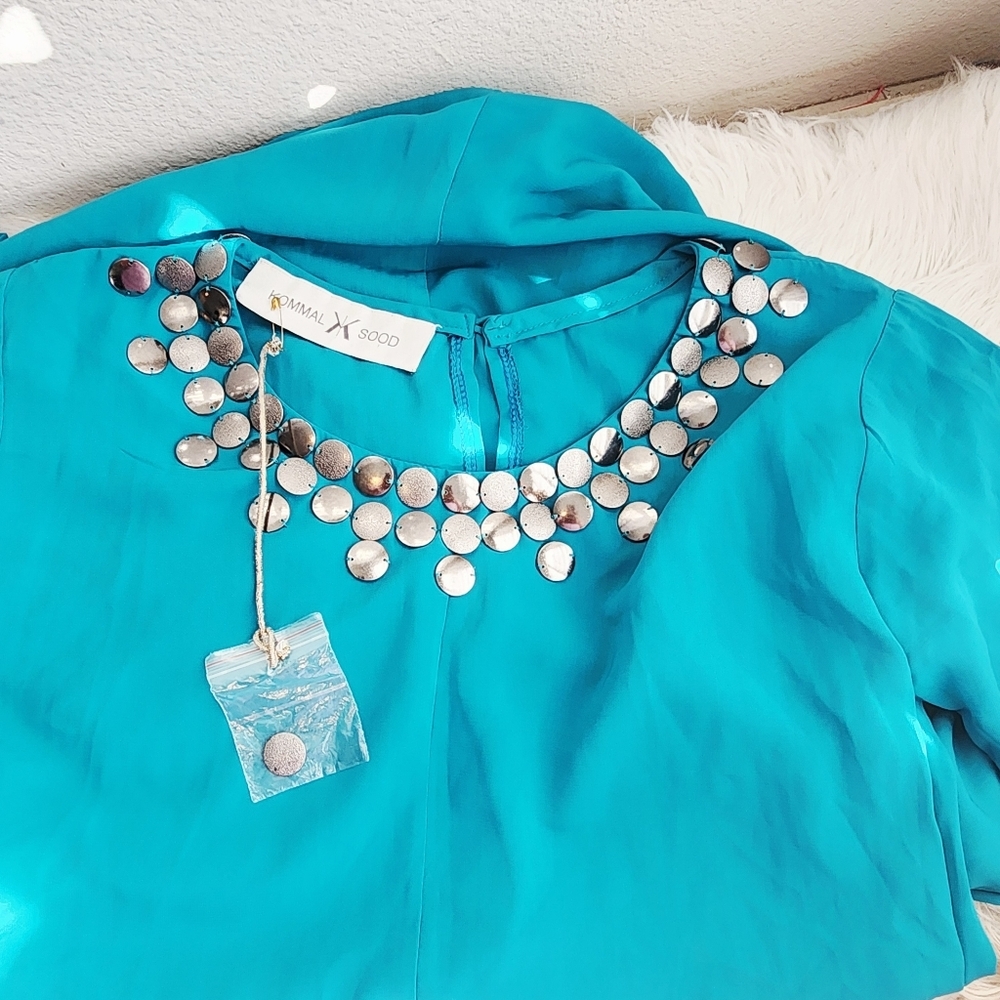 KOMMAL SOOD TEAL MAXI DRESS LONG SLEEVE NECK DETAIL SIZE MEDIUM - Picture 6 of 15